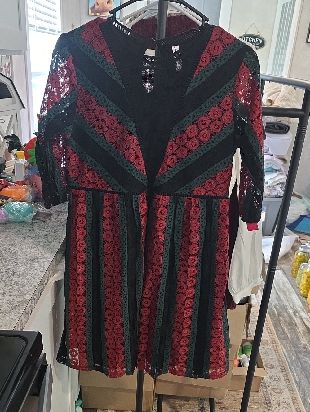 Black Lace Fit & Flare Dress with Red and Green Stripes
